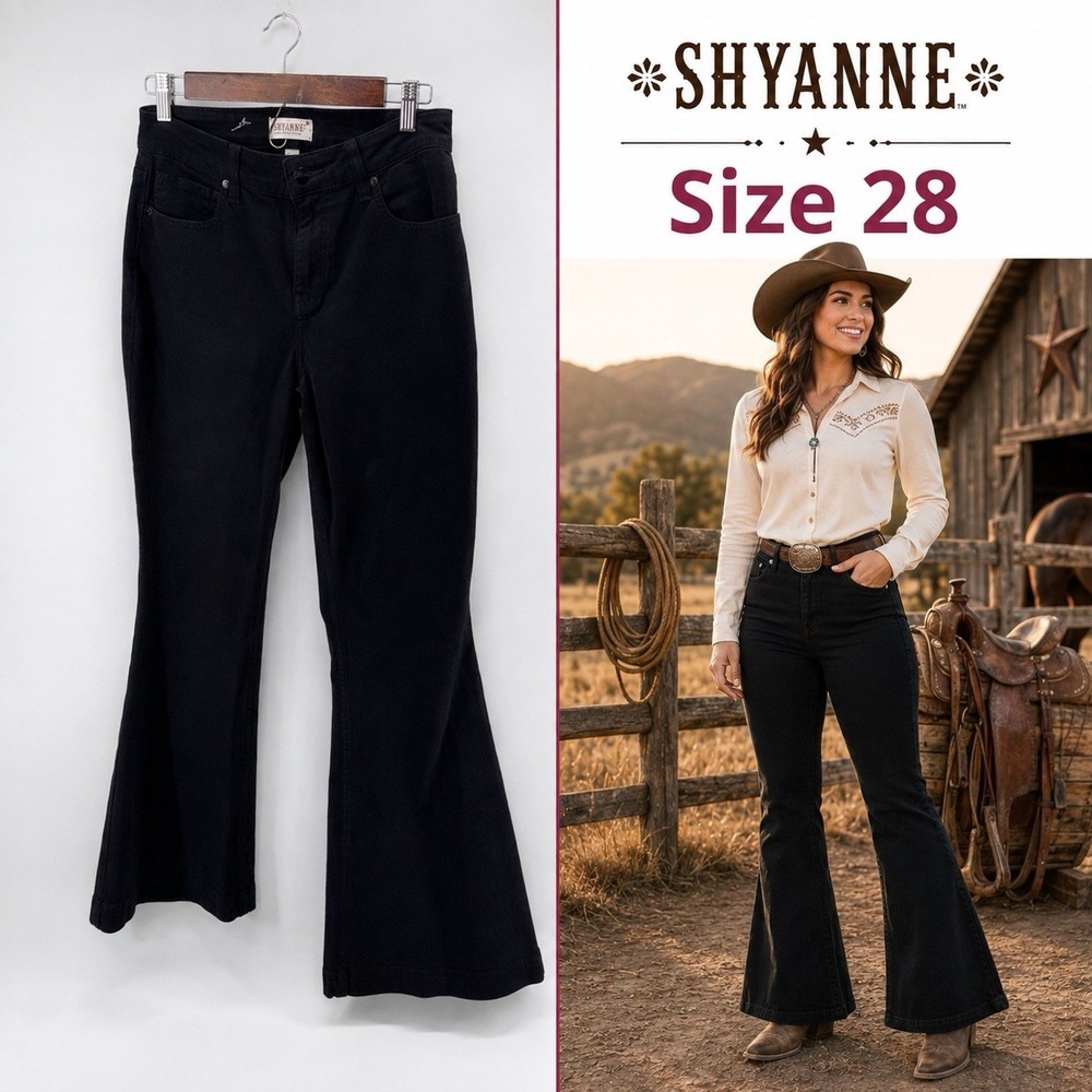 Shyanne Women's Black Flare Denim Jeans Western Stretch Size 28W 34L